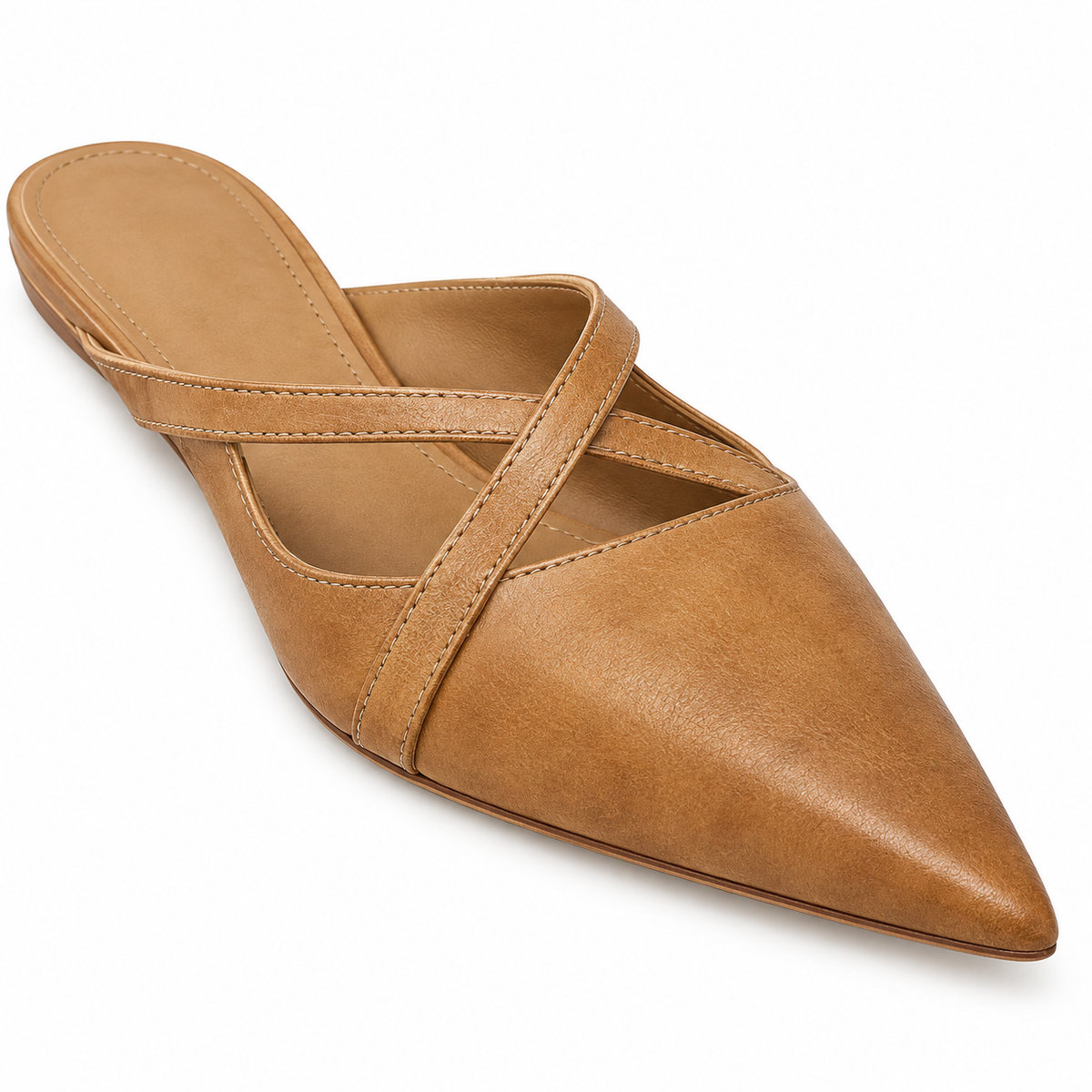Leah Cross-Strap Leather Mules - Apricot, leather and crossed straps close-up