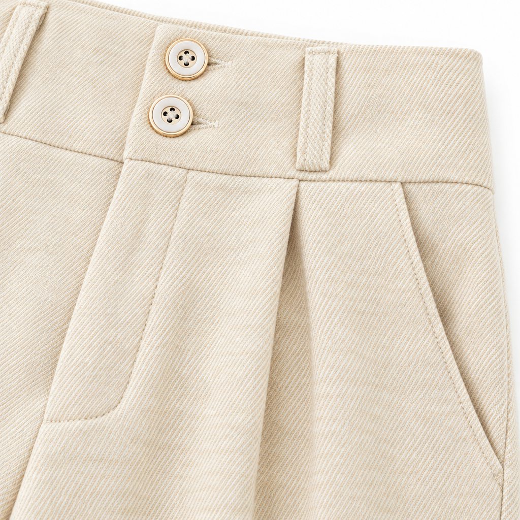 Sarah Two-Button Twill Wide-Leg Trousers - Milk Apricot, button waistband close-up