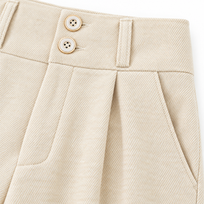 Sarah Two-Button Twill Wide-Leg Trousers - Milk Apricot, button waistband close-up