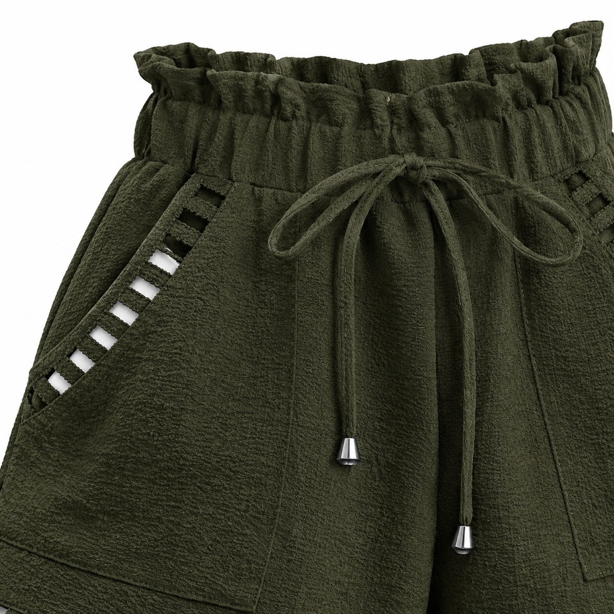 Daisy Cut-Out Drawstring Shorts - Army Green, paperbag waist, drawstring and cut-out pocket trim close-up