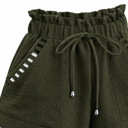 Daisy Cut-Out Drawstring Shorts - Army Green, paperbag waist, drawstring and cut-out pocket trim close-up