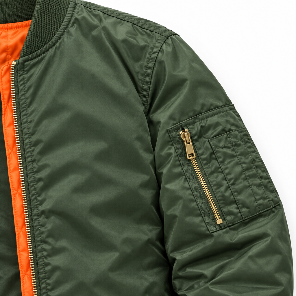 Brett Contrast-Lined Flight Jacket - Army Green, sleeve pocket close-up