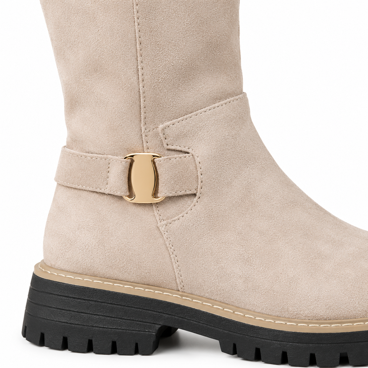 Sloane Suede-Look Knee-High Boots - Beige, buckle strap close-up
