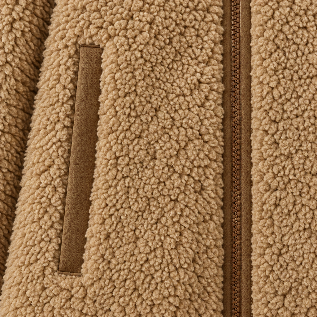 Ellie Piped Teddy Zip Jacket - Beige, piped welt pocket and zip close-up