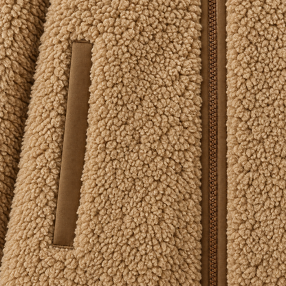 Ellie Piped Teddy Zip Jacket - Beige, piped welt pocket and zip close-up
