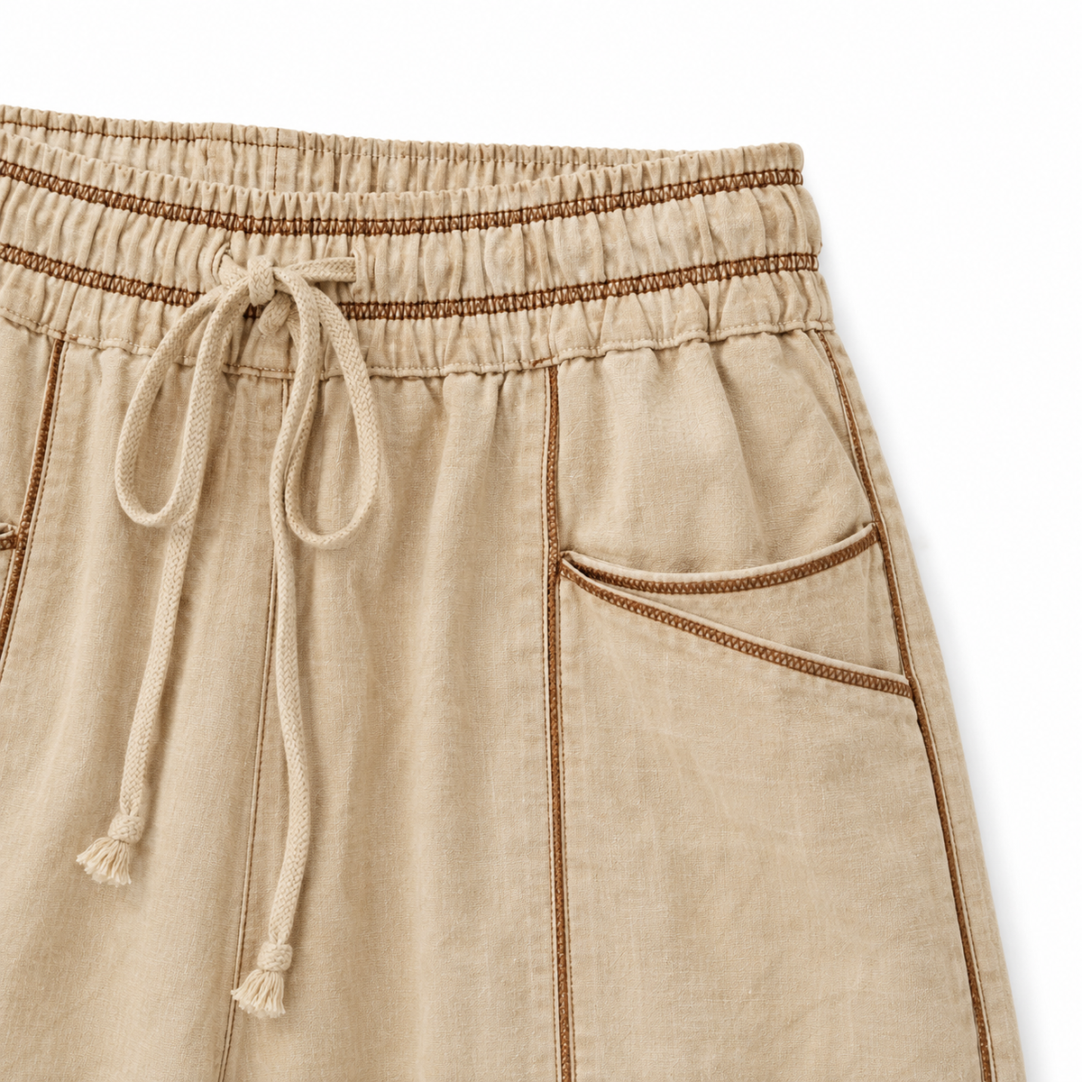 Willa Topstitched Barrel-Leg Pants - Beige, drawstring waistband and pocket close-up