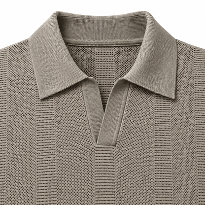 Owen Open-Knit Panel Polo - Beige, collar and open-knit close-up