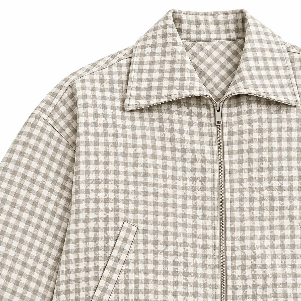 Megan Gingham Cropped Zip Jacket - Beige, collar, zip and gingham close-up