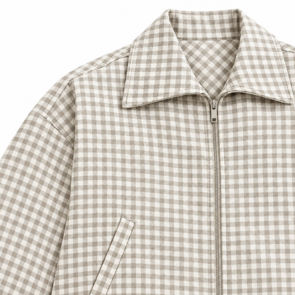 Megan Gingham Cropped Zip Jacket - Beige, collar, zip and gingham close-up