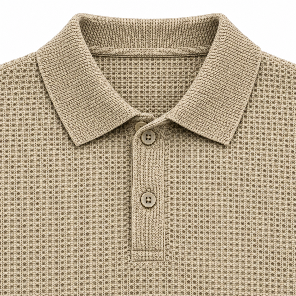 Thomas Basketweave Long-Sleeve Polo - Beige, collar, placket and basketweave knit close-up