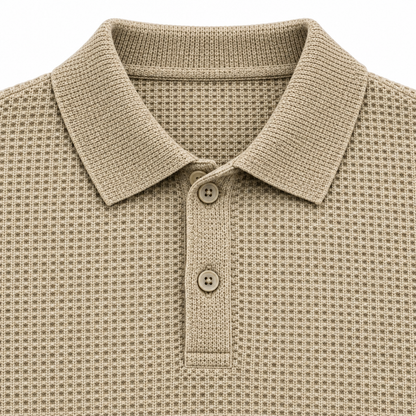 Thomas Basketweave Long-Sleeve Polo - Beige, collar, placket and basketweave knit close-up