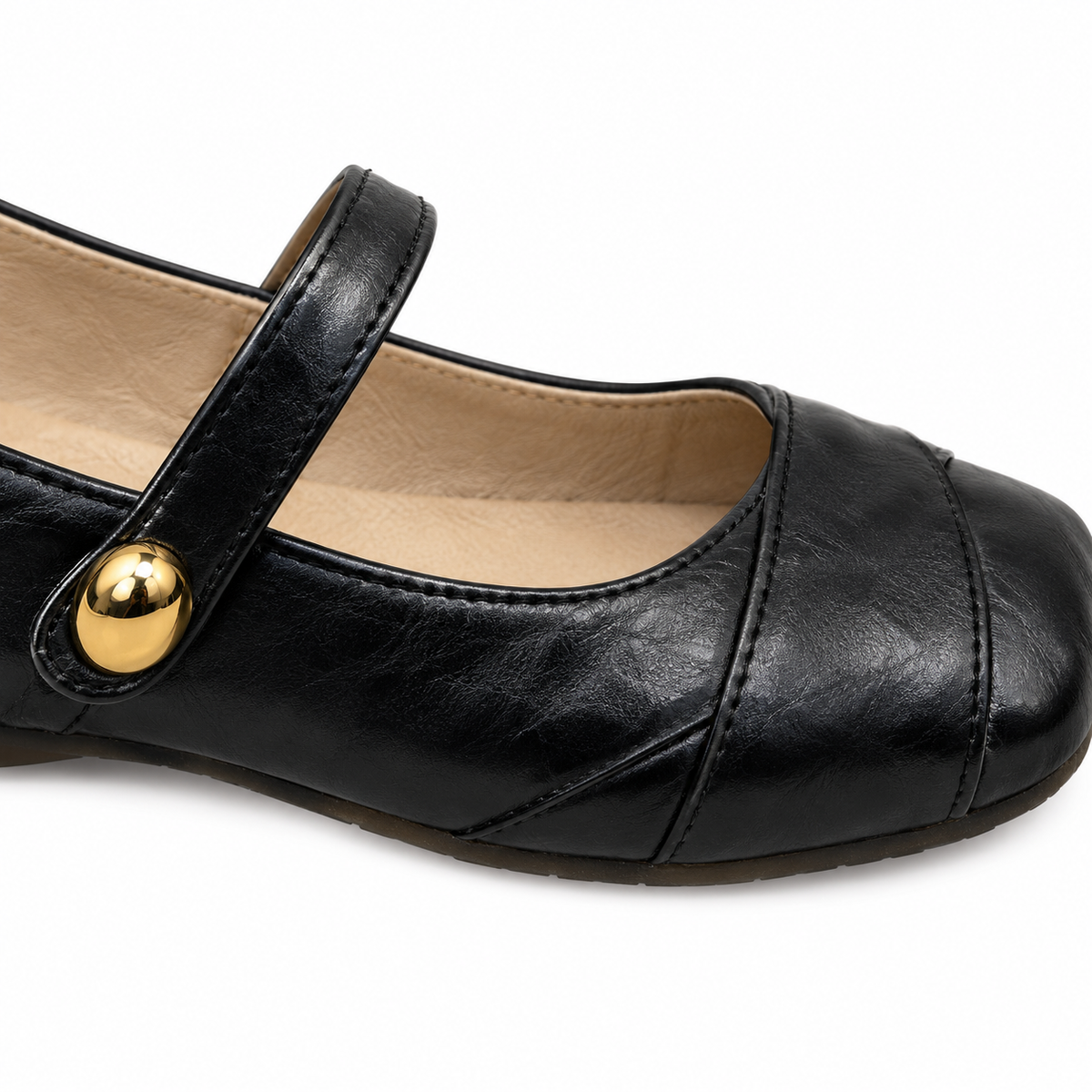 Josie Square-Toe Mary Jane Flats - Black, strap and pleated toe close-up