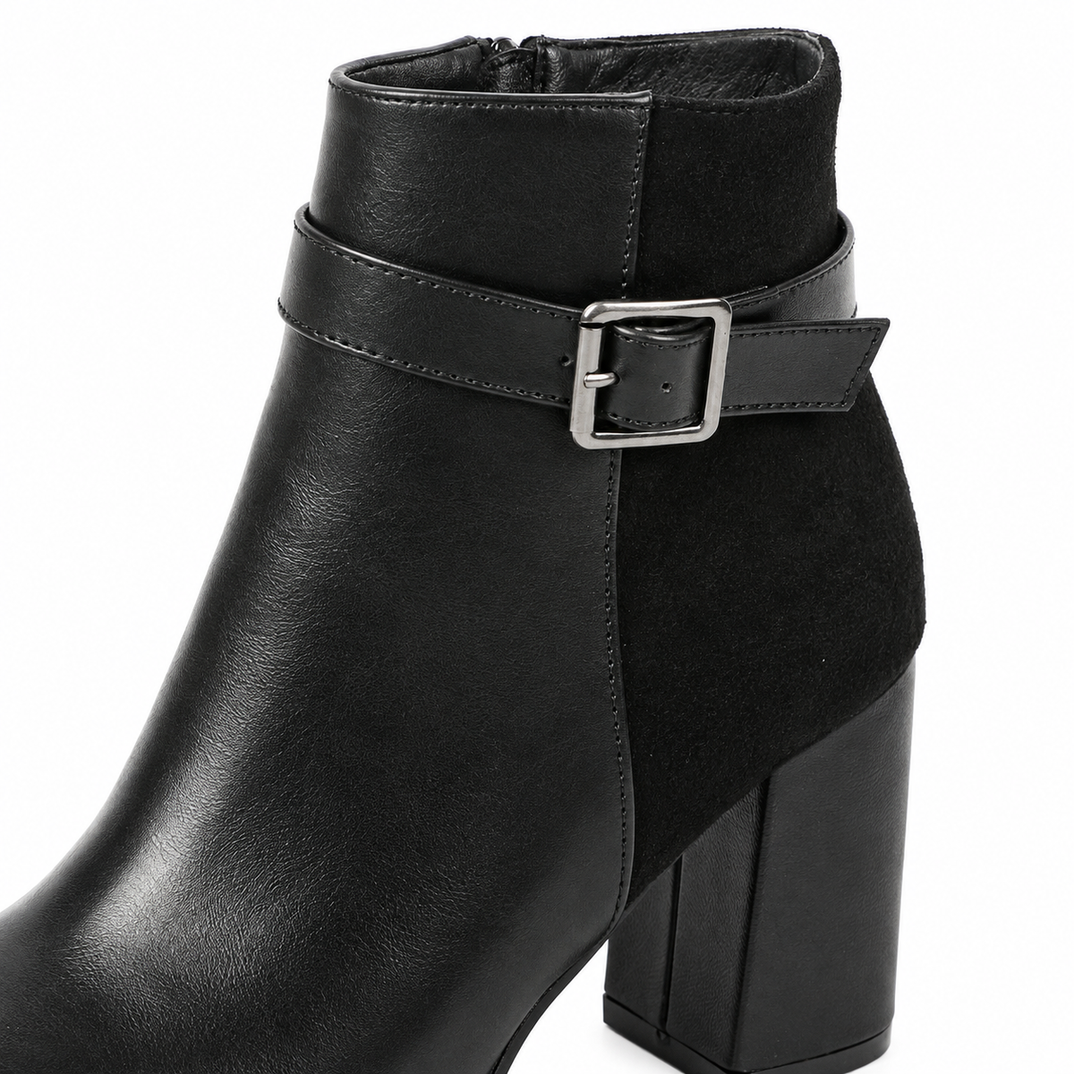 Audrey Buckle-Strap Heeled Ankle Boots - Black, buckle strap and suede-look panel close-up
