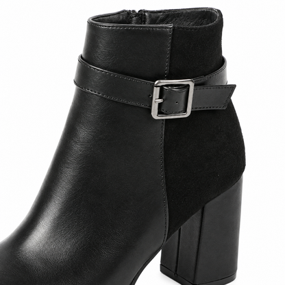 Audrey Buckle-Strap Heeled Ankle Boots - Black, buckle strap and suede-look panel close-up