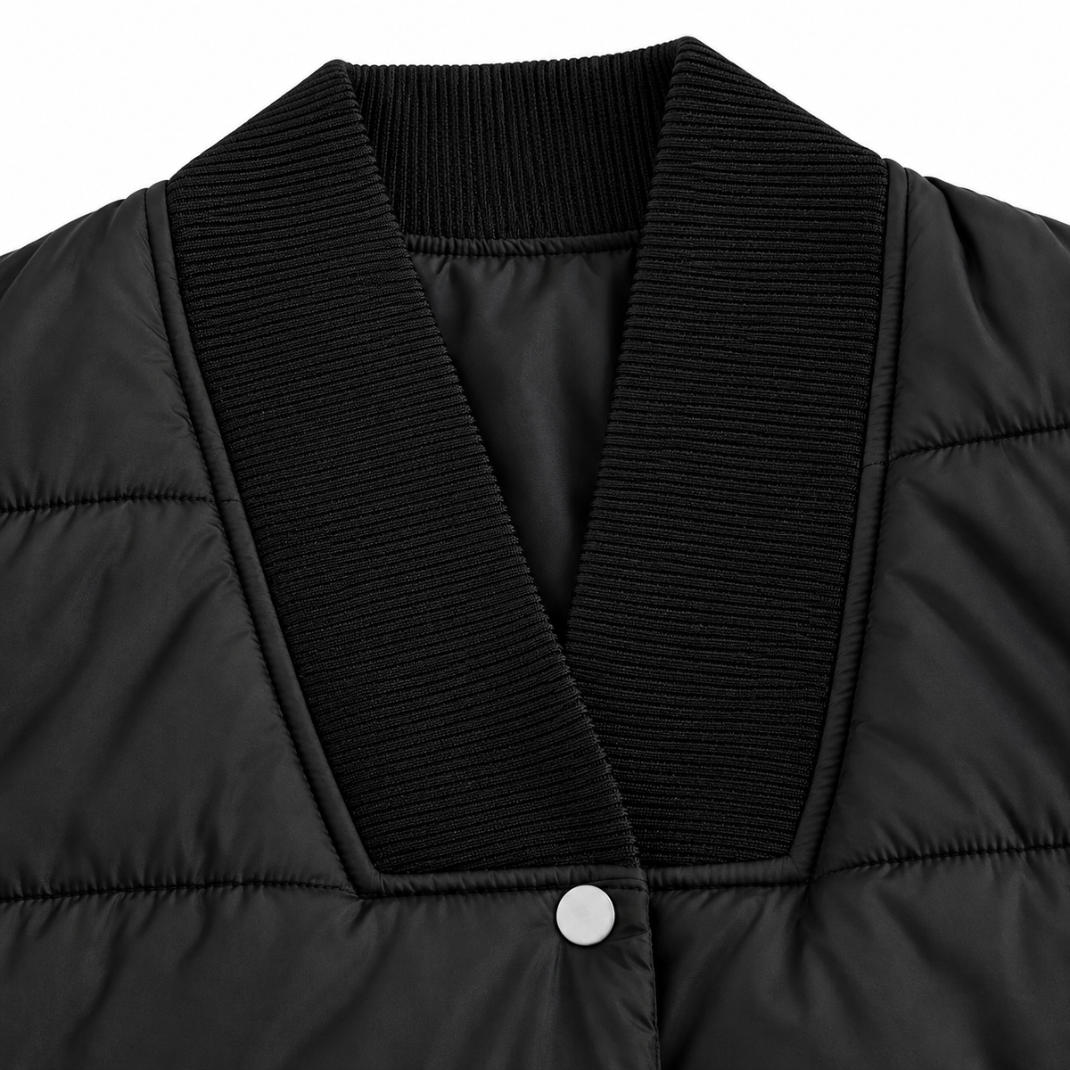 Laura Belted Quilted Jacket - Black, rib-knit V collar, snap and quilting close-up