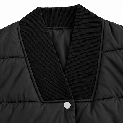 Laura Belted Quilted Jacket - Black, rib-knit V collar, snap and quilting close-up