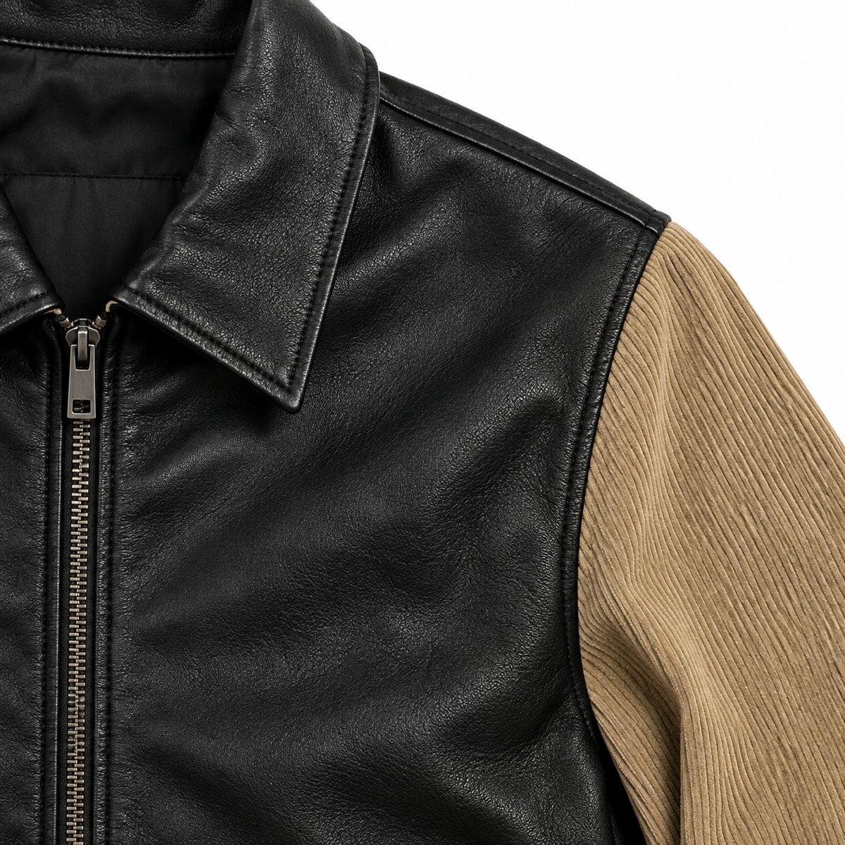Colin Contrast-Sleeve Faux-Leather Jacket - Black, collar and sleeve close-up