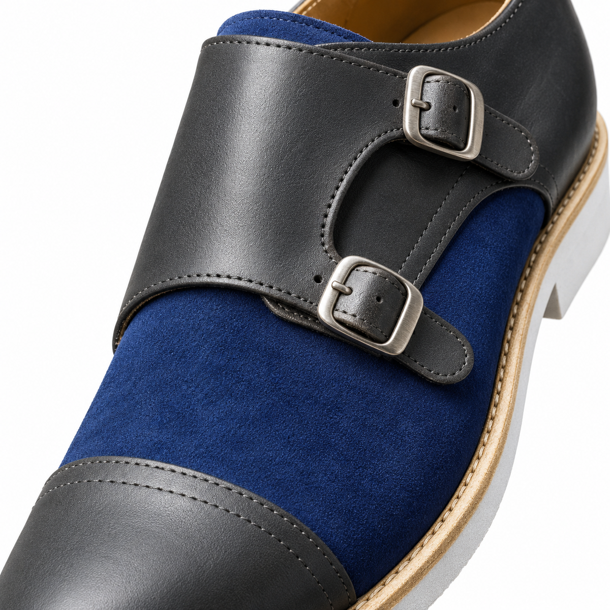 Spencer Two-Tone Double Monk Shoes - Charcoal & Blue, buckle straps and suede-look vamp close-up