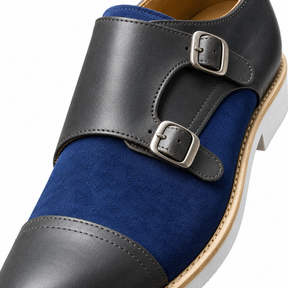 Spencer Two-Tone Double Monk Shoes - Charcoal & Blue, buckle straps and suede-look vamp close-up