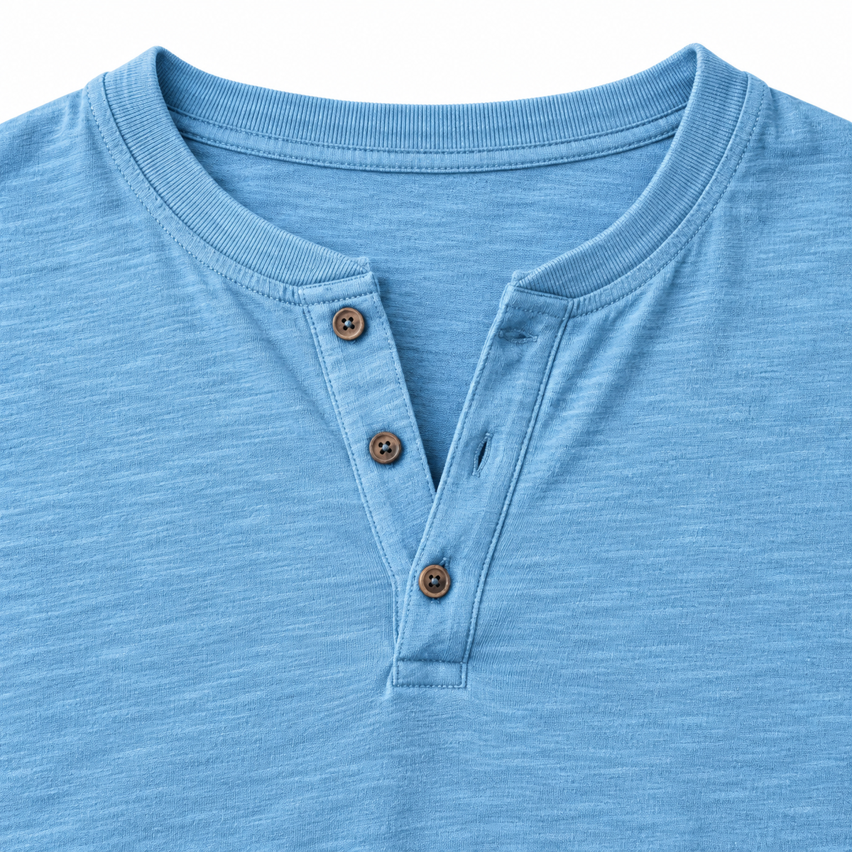 Nolan Slub-Texture Henley Tee - Blue, neckband and button placket close-up