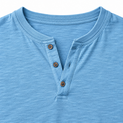 Nolan Slub-Texture Henley Tee - Blue, neckband and button placket close-up