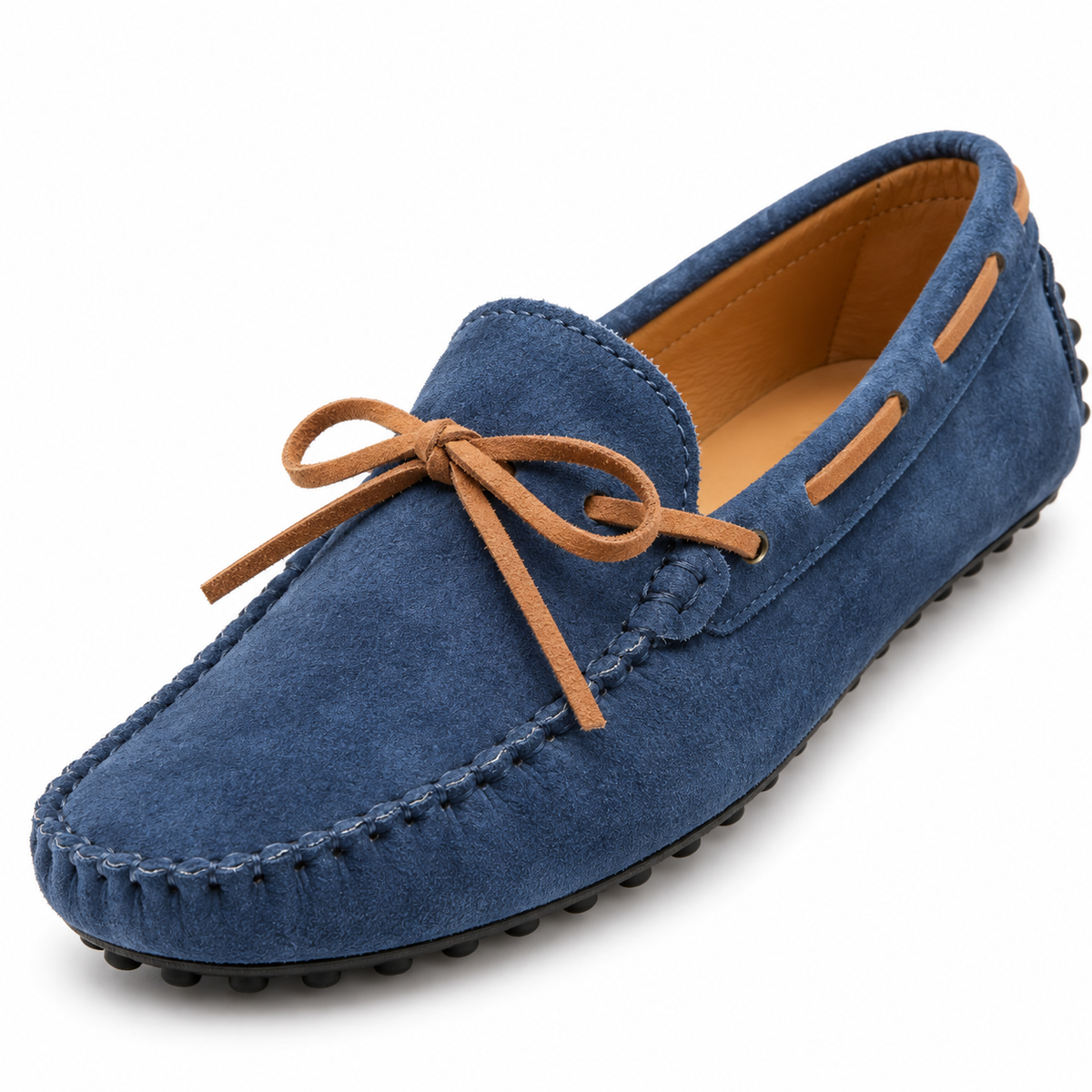 Spencer Suede Driving Moccasins - Blue, lace-bow and suede close-up