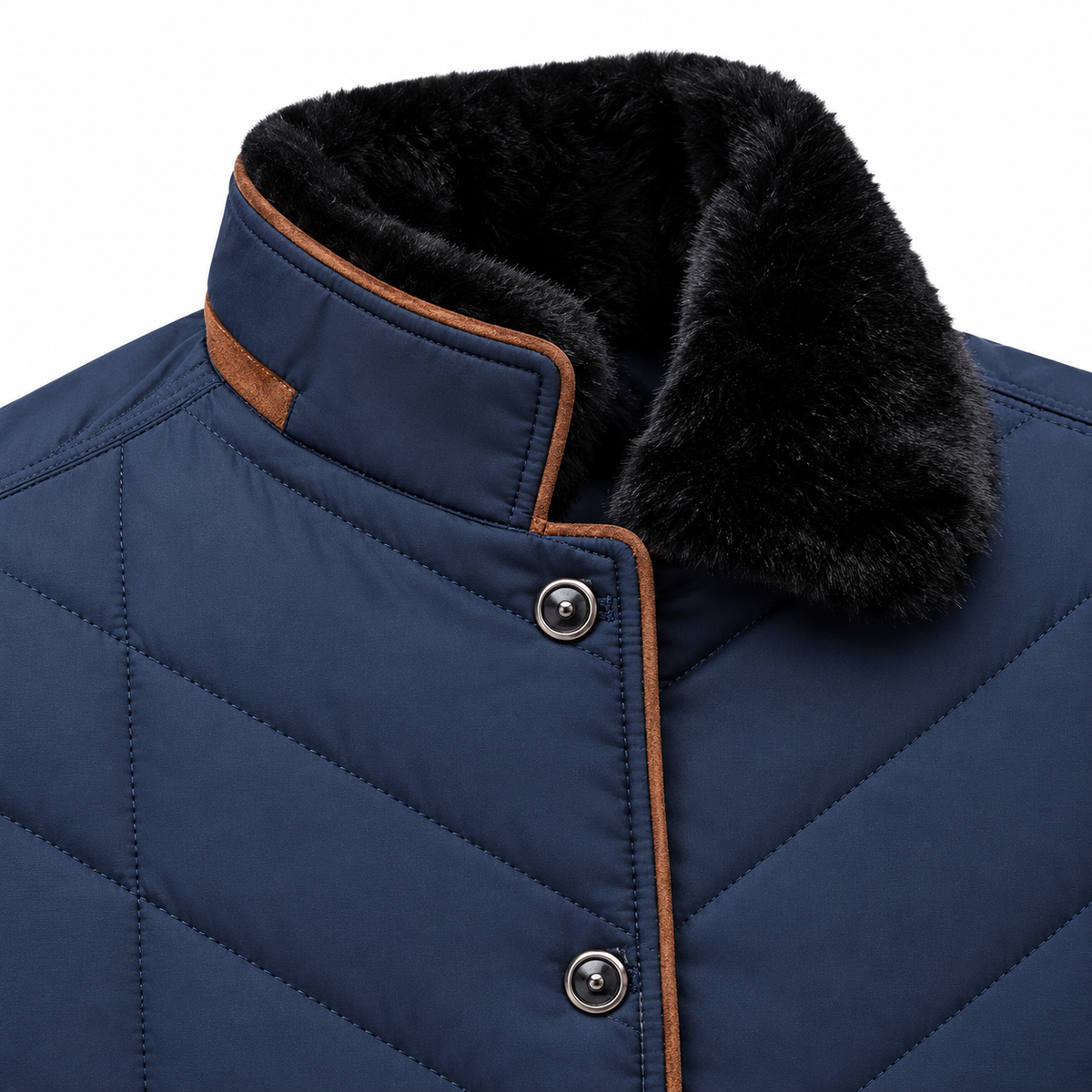 Douglas Chevron-Quilted Plush-Collar Coat - Royal Blue, plush collar and quilting close-up