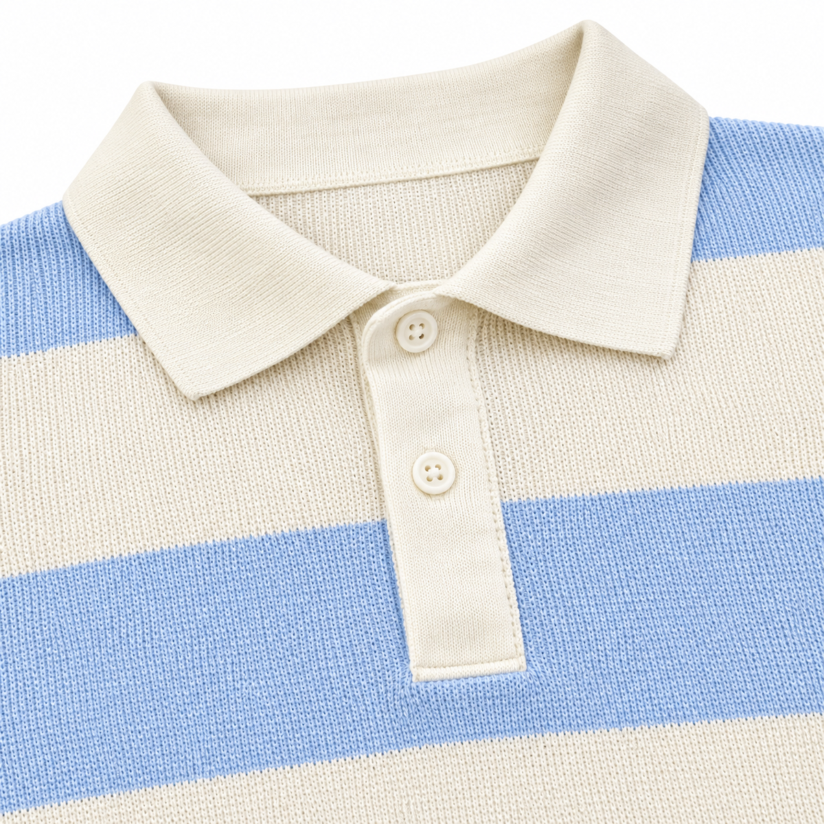 Lucas Block-Stripe Knit Polo - Blue, collar and placket knit close-up
