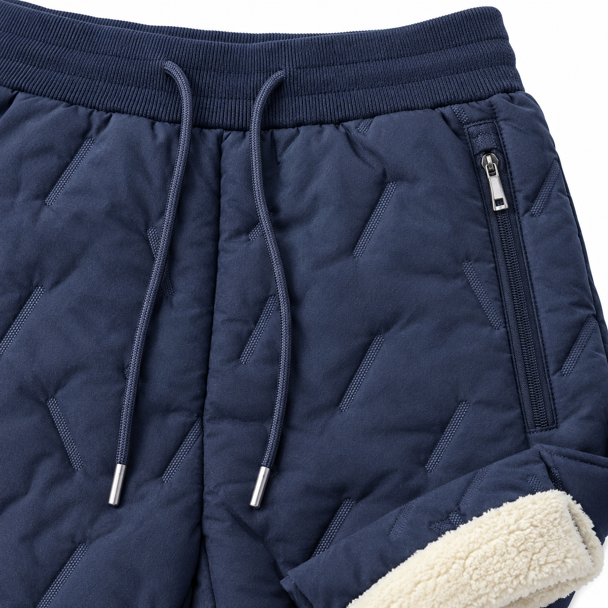 Dylan Quilted Sherpa-Lined Joggers - Navy, drawstring waistband, zip pocket and sherpa lining close-up