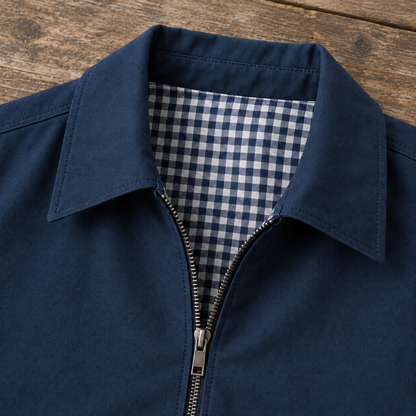 Wesley Gingham-Lined Harrington Jacket - Navy, collar and gingham lining close-up