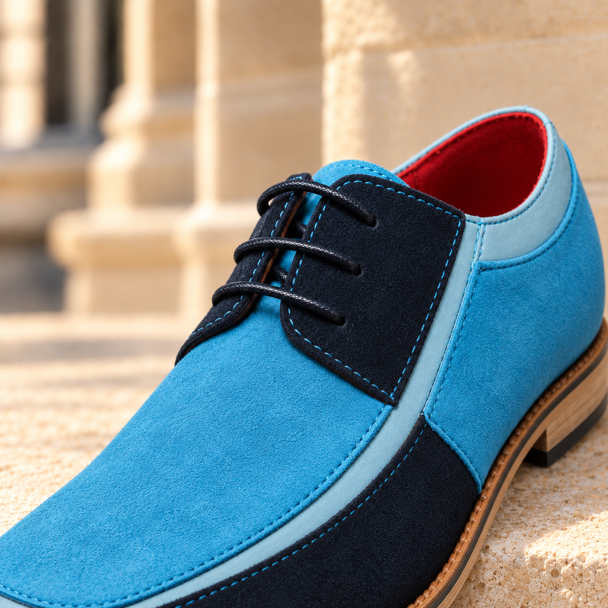 Harrison Two-Tone Derby Shoes - Blue/Navy, lace panel close-up