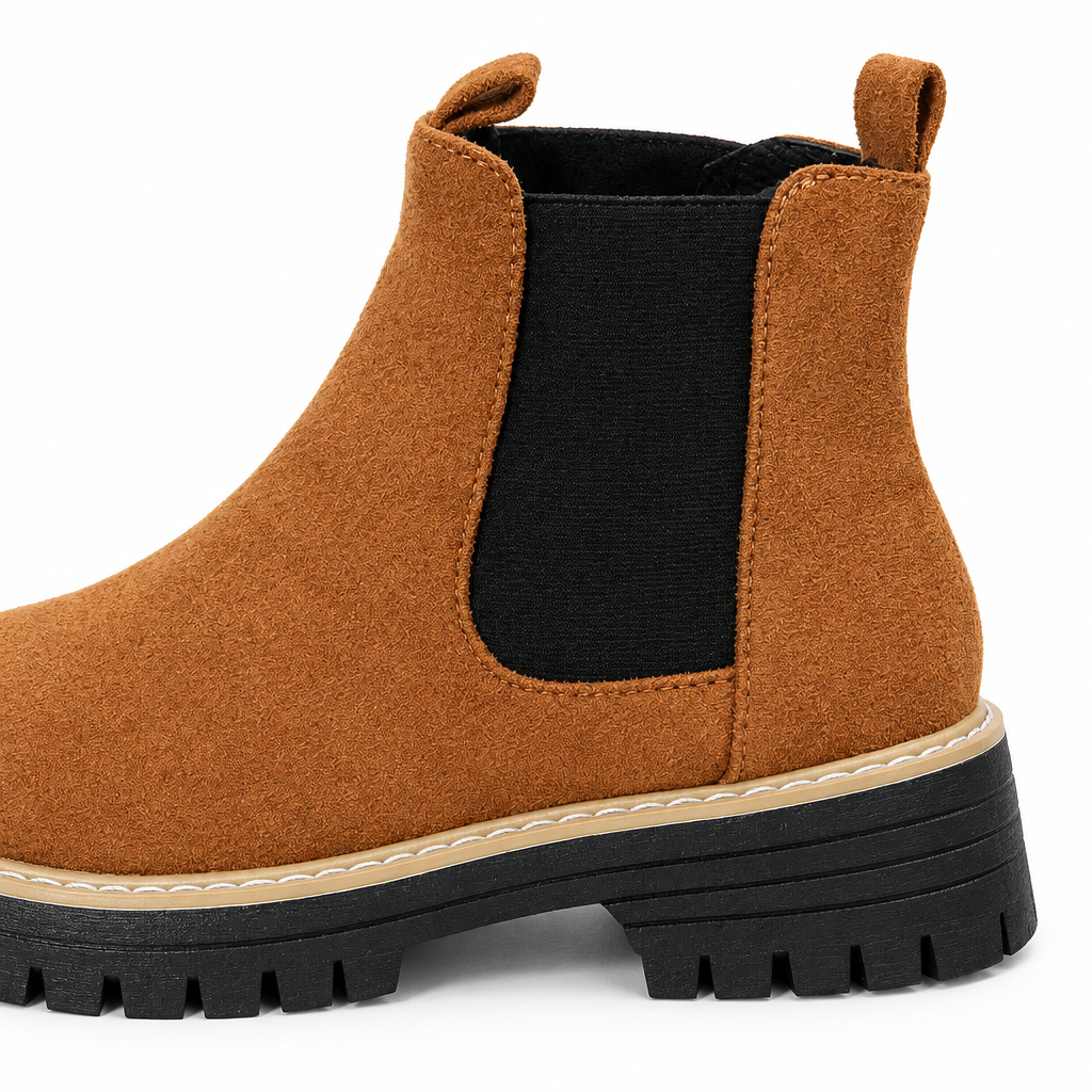 Kendall Faux-Suede Lug-Sole Chelsea Boots - Brown, faux-suede upper, elastic side panel and lug sole close-up