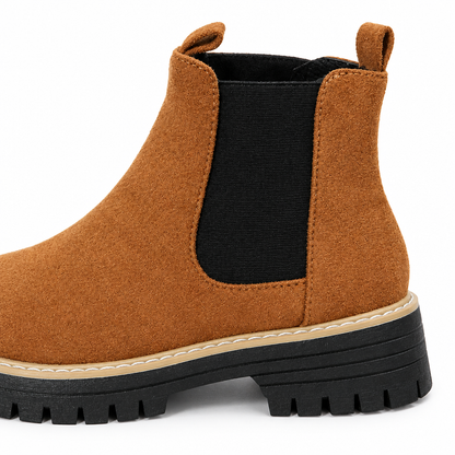 Kendall Faux-Suede Lug-Sole Chelsea Boots - Brown, faux-suede upper, elastic side panel and lug sole close-up