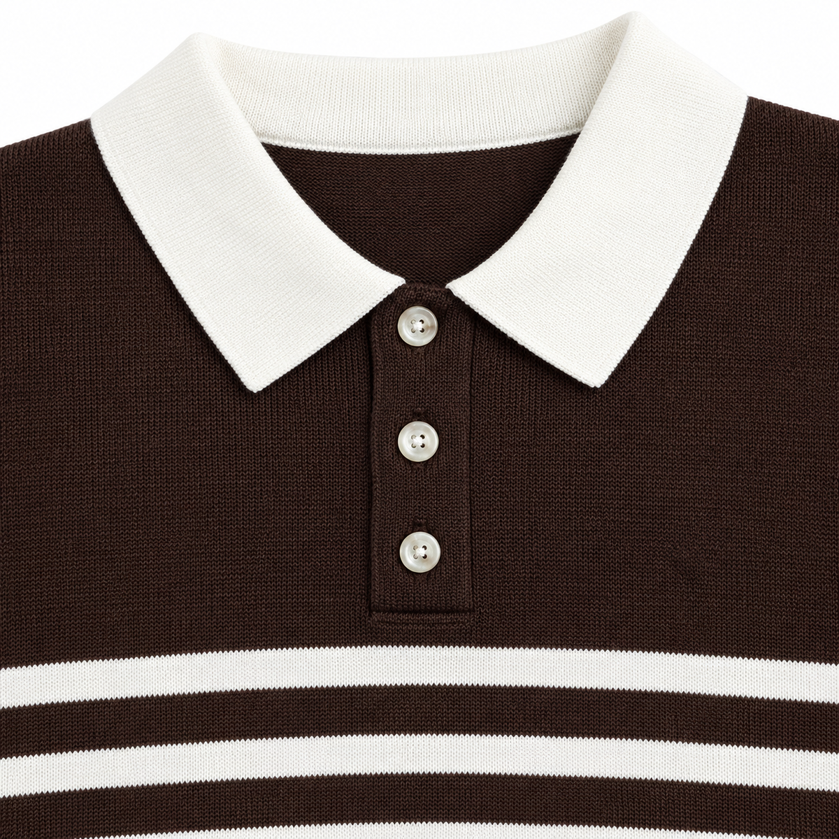 James Contrast-Collar Striped Knit Polo - Brown & White, collar and knit close-up