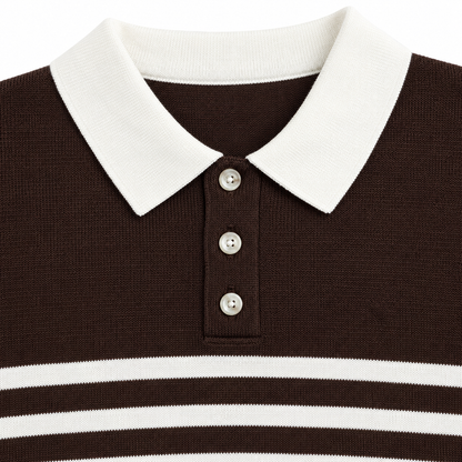 James Contrast-Collar Striped Knit Polo - Brown & White, collar and knit close-up
