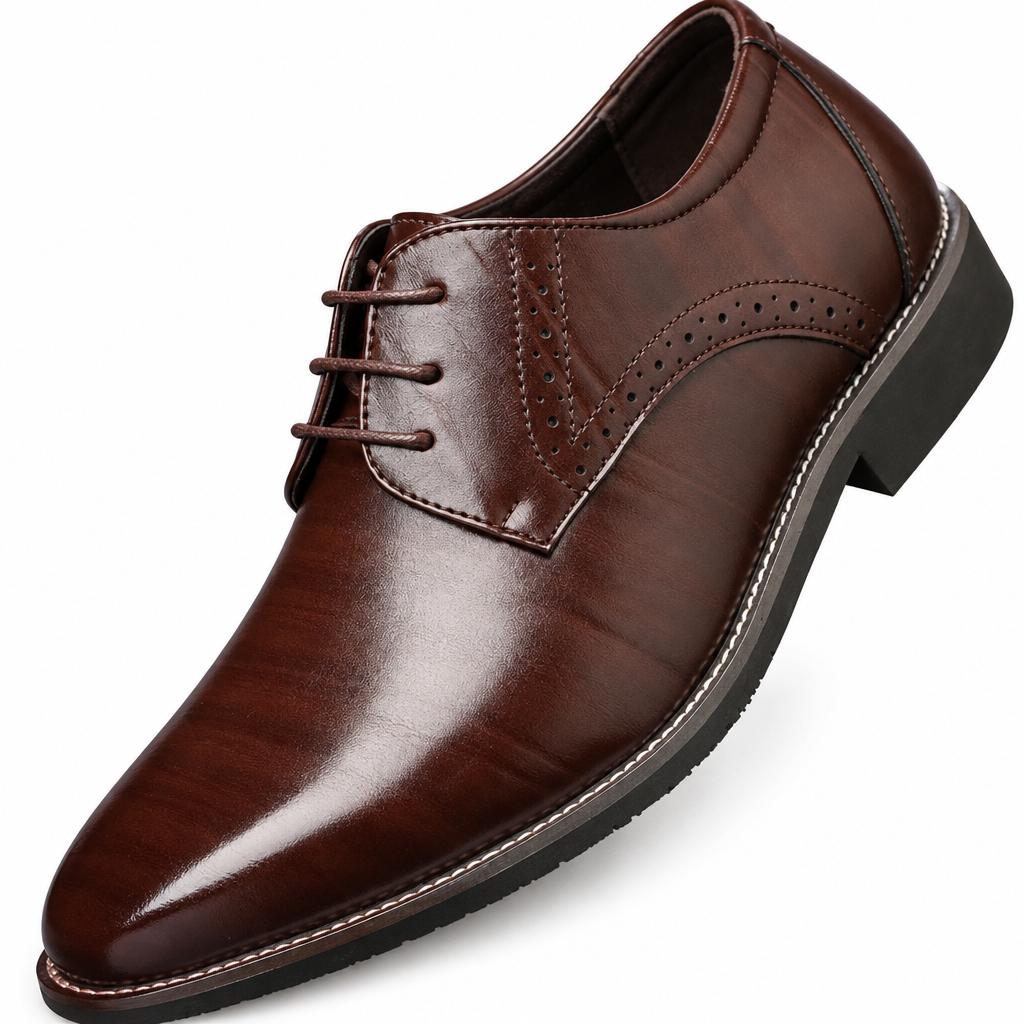 Charles Polished Brogue Dress Shoes - Brown, polished leather, laces and brogue perforations close-up