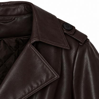 Vanessa Faux-Leather Belted Trench Coat - Brown, lapel and epaulette close-up