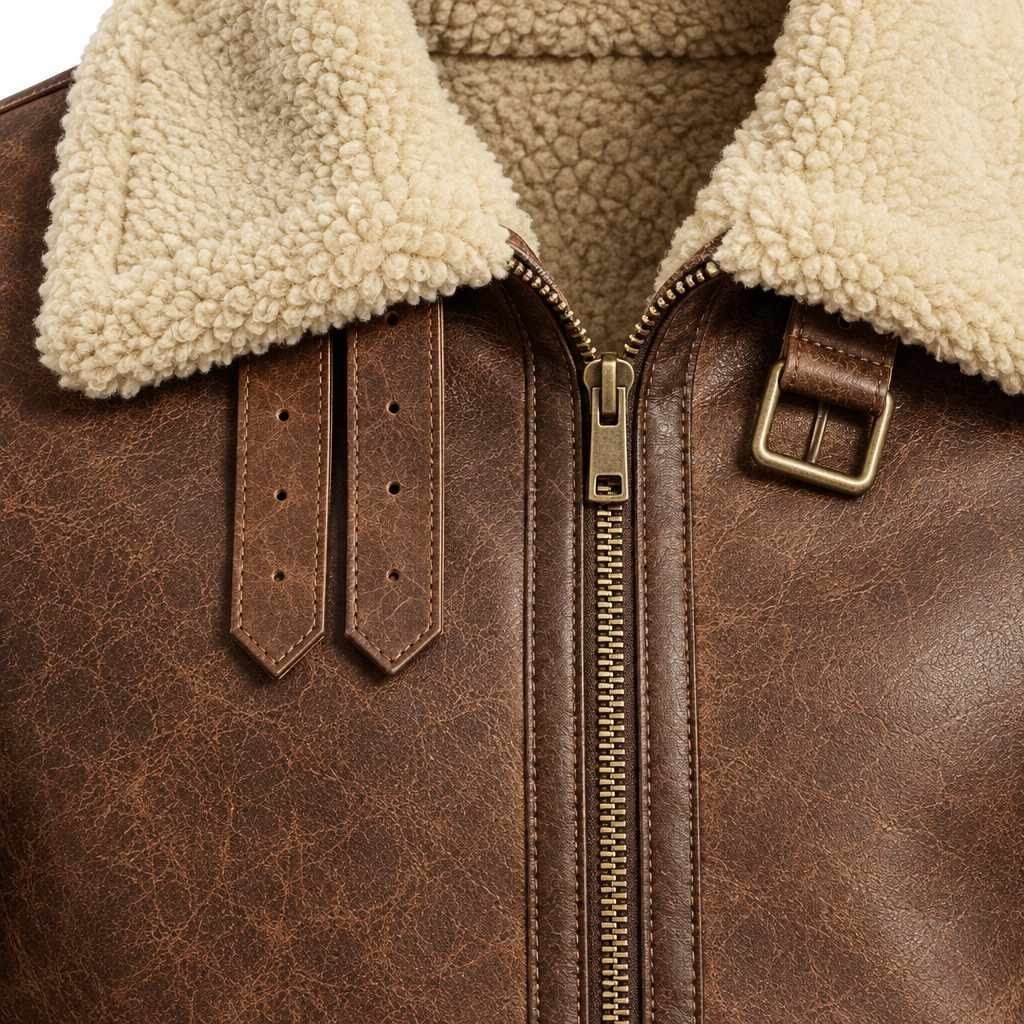 Logan Faux-Shearling Aviator Jacket - Dark Brown, collar and zip close-up
