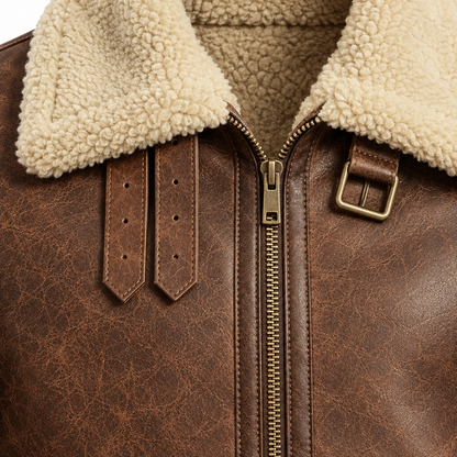 Logan Faux-Shearling Aviator Jacket - Dark Brown, collar and zip close-up