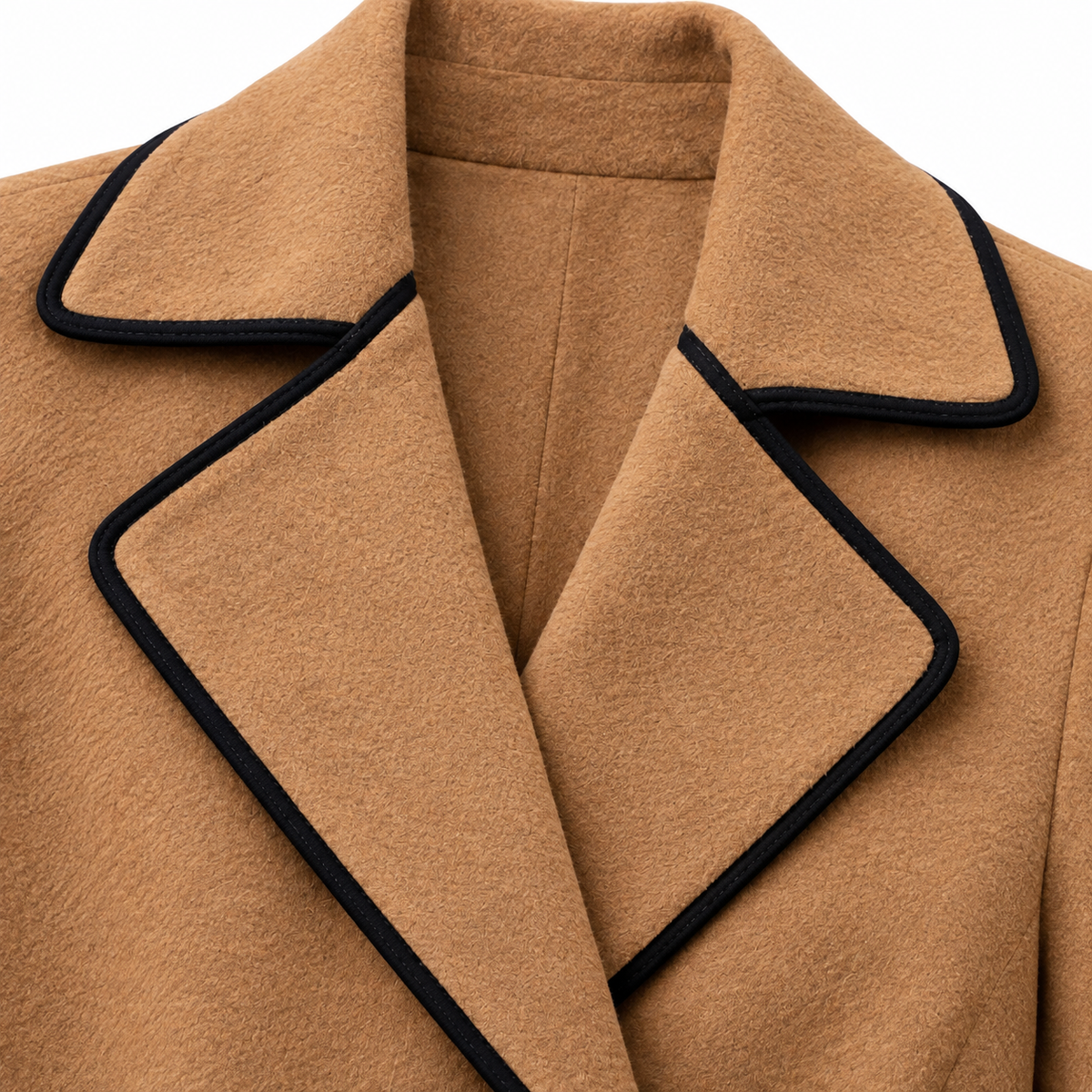 Amanda Piped Wool-Blend Belted Coat - Brown, piped lapel close-up