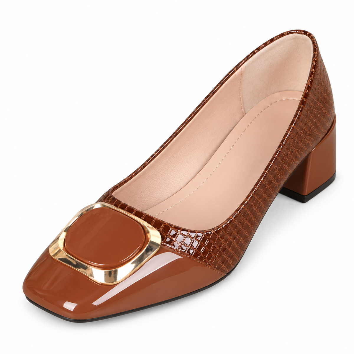 Diane Croc-Embossed Block-Heel Loafers - Brown, toe cap and ornament close-up
