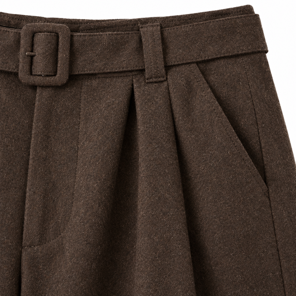 Warren Belted Wool-Blend Wide-Leg Trousers - Brown, belt buckle, pleat and wool-blend close-up