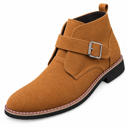 Shane Suede-Look Buckle Ankle Boots - Brown, suede-look nap, buckle strap and welt close-up