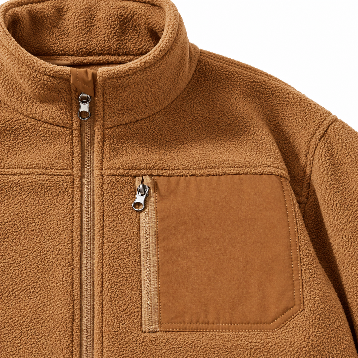 Ross Utility Fleece Zip Jacket - Dark Brown, chest zip pocket and collar close-up