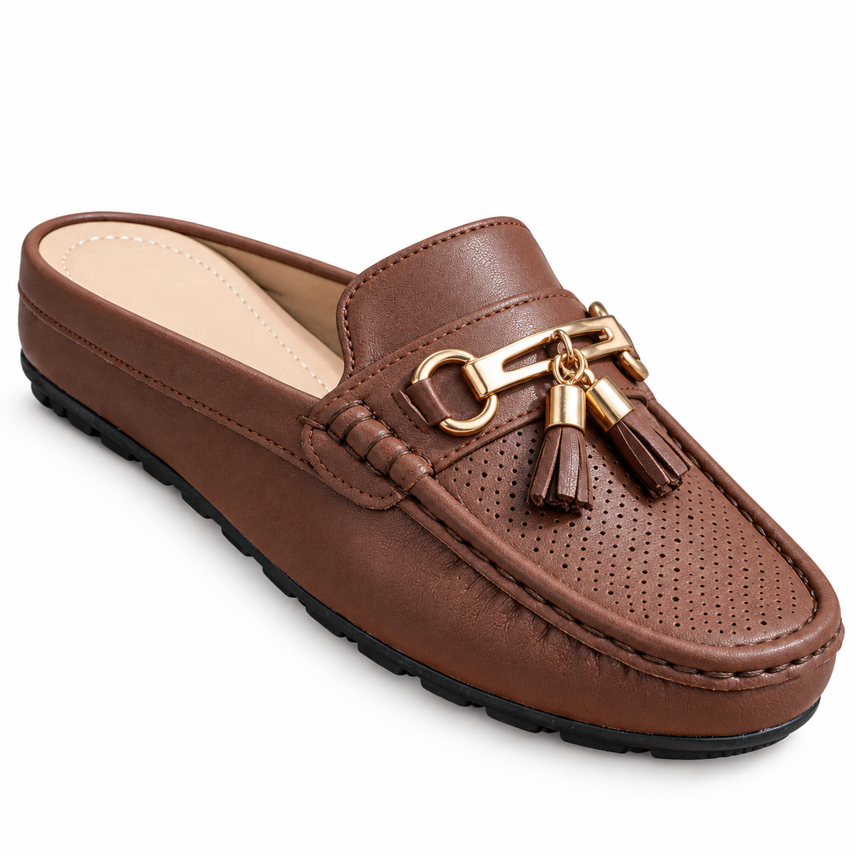 Anna Perforated Tassel Loafer Mules - Brown, bit and perforation close-up