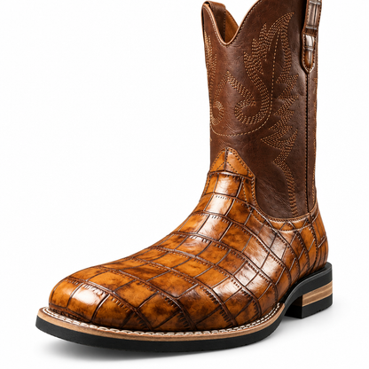 Jesse Croc-Embossed Western Boots - Brown, croc-embossed foot and stitched shaft close-up