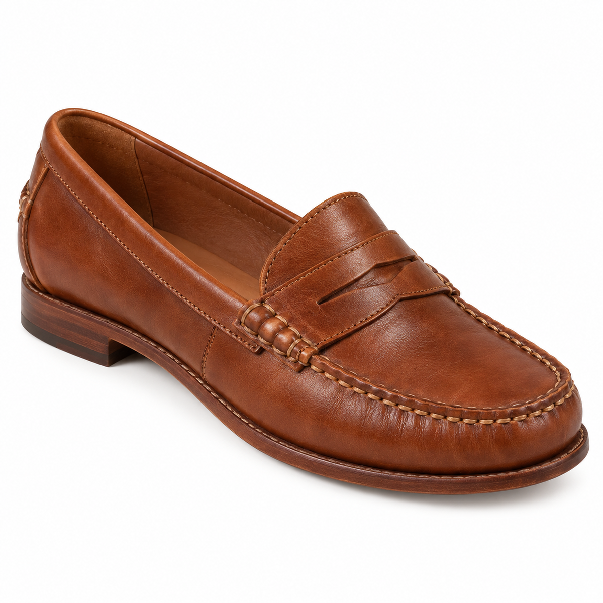 Lucy Moc-Stitched Leather Penny Loafers - Brown, penny strap and moc stitching close-up