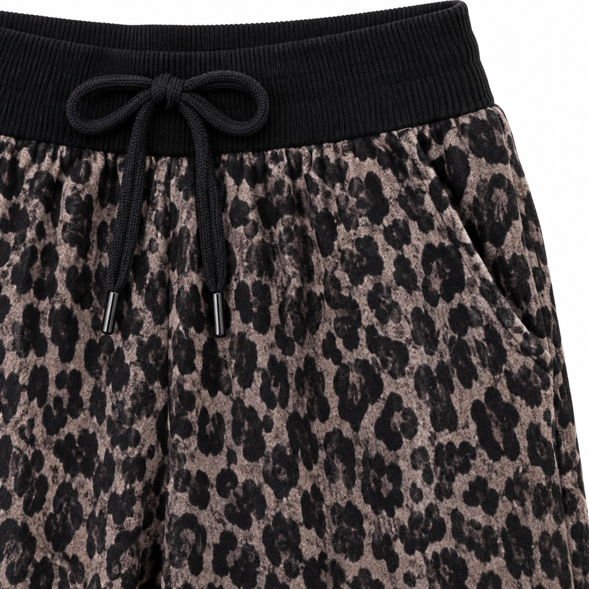 Kate Leopard Drawstring Wide-Leg Pants - Brown, drawstring waistband close-up