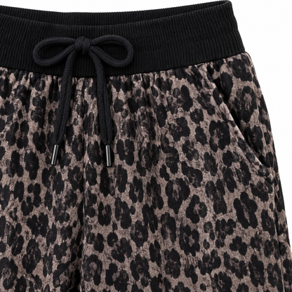 Kate Leopard Drawstring Wide-Leg Pants - Brown, drawstring waistband close-up