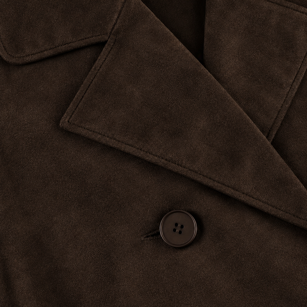 Julia Belted Faux-Suede Wrap Jacket - Brown, lapel and button close-up